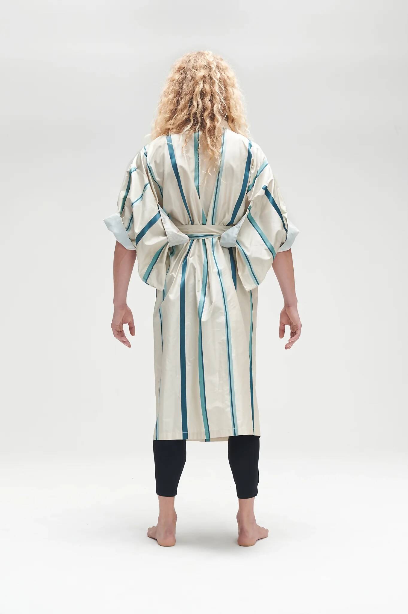 Silk Kimono with blue & cream stripes