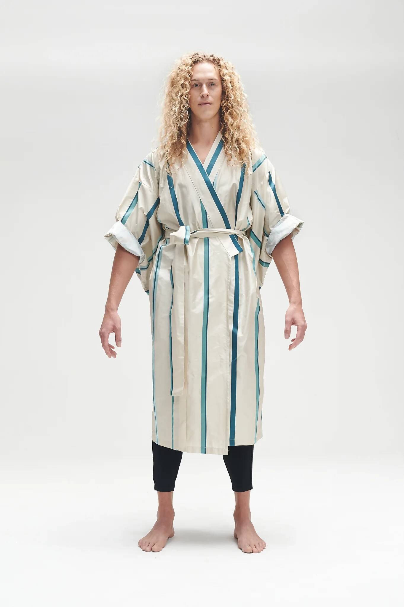 Silk Kimono with blue & cream stripes